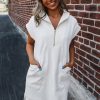 Women's White Textured Half Zip Collared Cap Sleeve Mini Dress with Pockets - Image 3