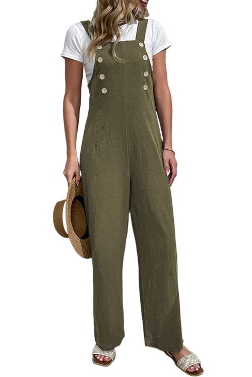 Women's Jungle Green Solid Color Buttoned Straight Leg Overalls - Adjustable Straps for Custom Fit