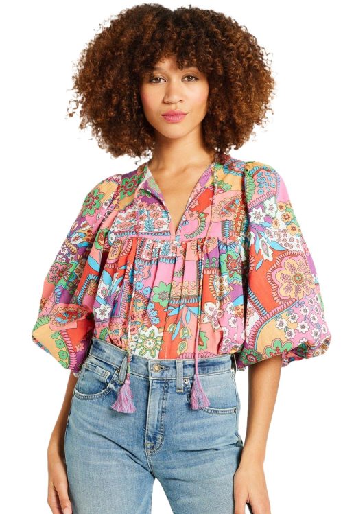 Women's Multicolour Boho Floral Bubble Sleeve Pleated Blouse with Tassel Tied Neck