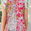 Women's Pink Floral Print Blouse with Contrast Ruffle Trim and Flutter Sleeves - Image 2