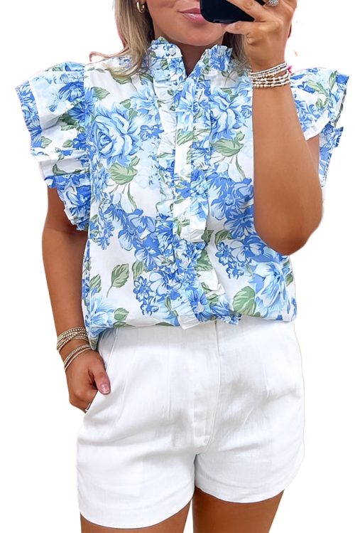 Women's Sky Blue Floral Print Ruffle Sleeve Button Up Shirt for Elegant Style