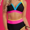 Women's Black Color Block Drawstring Side V Neck High Waist Bikini Set - Image 8