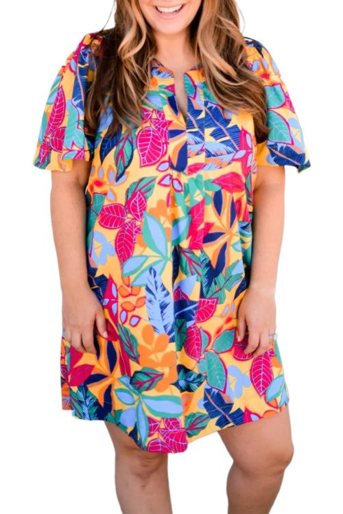 Chic Multicolor Leafy Print Plus Size Shift Dress with Split Neck