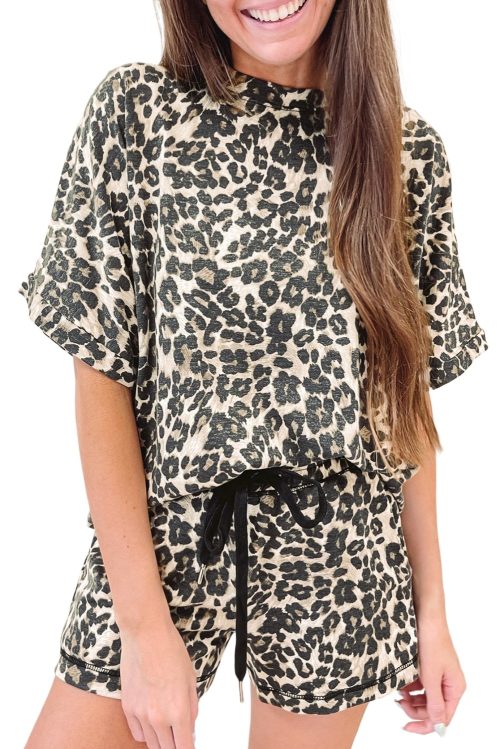 Women's Black Cheetah Printed Casual Tee and Shorts Lounge Set