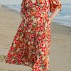 Women's Plus Size Orange Floral V Neck Flutter Sleeve Dress - Cinched Waist for Flattering Fit - Image 9