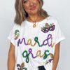 Women's White Mardi Gras Tinsel Sequin Graphic T-Shirt - Festive and Sparkly Design - Image 4