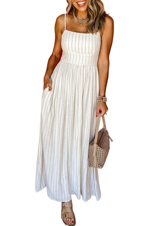 Women's Beige Stripe Spaghetti Strap Pocketed High Waist Maxi Dress - Perfect for Summer