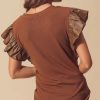 Stylish Cinnamon Leather Ruffle Sleeve Blouse with Round Neck - Elegant Solid Color Top - Image 3