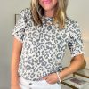 Women's Beige Leopard Round Neck T-Shirt with Lace Trim and Petal Sleeves - Image 7