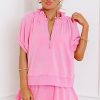 Chic Women's Pink Half Zip Puff Sleeve Top with Ruffled Shorts Set - Image 3