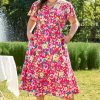 Women's Plus Size Pink Floral Print V Neck Pocketed High Waist Midi Dress - Image 8