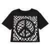 Women's Black Checkerboard Peace Sign Printed Round Neck T-Shirt - Image 21