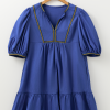 Women's Bluing Colorful Striped Trim Puff Sleeve Pleated Mini Dress for Summer Picnics - Image 3