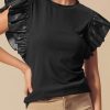 Women's Black Leather Ruffle Sleeve Blouse - Elegant Round Neck Top - Image 2