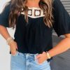 Women's Black Flower Crochet Square Neck Blouse - Short Sleeve Textured Top - Image 2