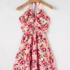 Women's Pink Floral Sleeveless Halter Neck Ruffled Mini Dress with Shirred Back - Image 10