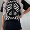 Women's Black Checkerboard Peace Sign Printed Round Neck T-Shirt - Image 8