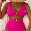 Women's Rose Red Wire-Free Knotted Bikini Swimsuit with Gold Shell Decor - 2pcs Set - Image 7