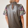 Women's Four Leaf Clover Floral Bubble Sleeve Patchwork Faux Leather Frilled Round Neck Blouse - Image 3