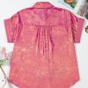 Women's Rose Red Metallic Sheen Short Sleeve Buttoned Front Casual Shirt - Image 7