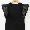 Women's Black Leather Ruffle Sleeve Blouse - Elegant Round Neck Top - Image 5