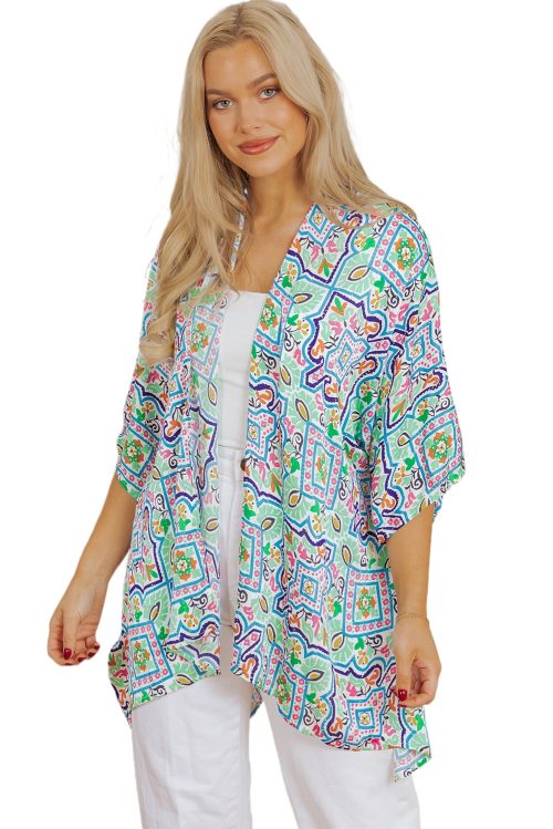 Women's White Boho Floral Printed Rhinestone Open Front Kimono with 3/4 Sleeves