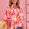 Plus Size Red Floral Short Sleeve Blouse with Slit Neck - Feminine & Flowy Fit - Image 7