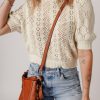 Chic Women's Beige Hollowed Pattern Knit Short Puff Sleeve Sweater - Image 4