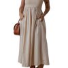 Women's Elegant Beige Scoop Neck Ribbed Bodice Pleated Sleeveless Maxi Dress - Image 14