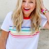 Women's White Rainbow Stripe Print Contrast Crewneck T-Shirt - Casual Summer Style - Image 3