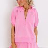 Chic Women's Pink Half Zip Puff Sleeve Top with Ruffled Shorts Set - Image 5