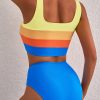 Women's Blue Colorblock Square Neck Bikini Set - Pleated High Waisted Swimwear - Image 2