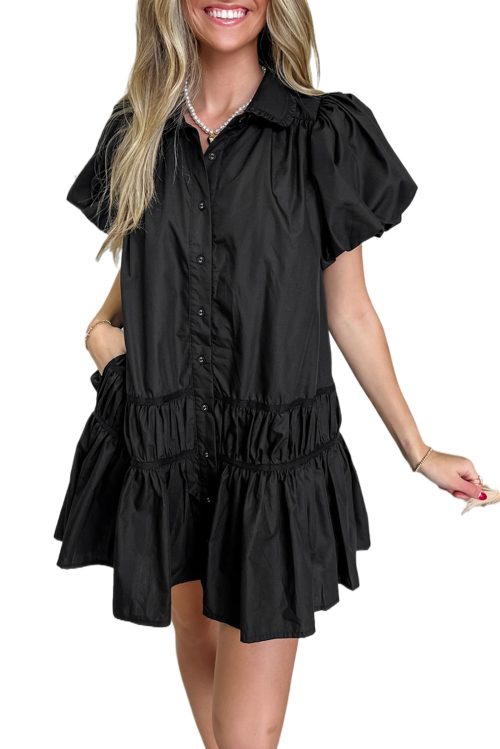 Women's Black Puff Sleeve Ruffle Hem Button Down Shirt Dress