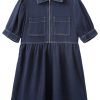 Women's Dirty Blue Zipped Bodice Collared Mini Denim Dress with Puff Sleeves - Image 12