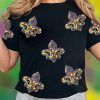 Women's Black Mardi Gras Sequin Fleur de Lis Graphic T-Shirt for Celebrations - Image 2