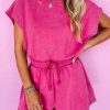 Women's Rose Red Mineral Wash Drawstring Waist Hollow Out Back Short Sleeve Romper - Image 9