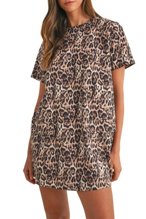 Women's Brown Leopard Print Crew Neck Shift Mini T-Shirt Dress