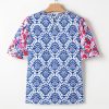 Women's Blue Floral Print Puff Sleeve Blouse with Frilled Neck - Western Fashion - Image 6