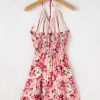 Women's Pink Floral Sleeveless Halter Neck Ruffled Mini Dress with Shirred Back - Image 11