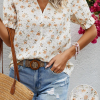 Women's White Floral Eyelet Embroidered Puff Sleeve Notch V Neck Blouse - Elegant Summer Top - Image 2