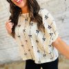 Charming Beige Bow Print Puff Short Sleeve Top for Women - Image 3