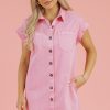 Women's Pink Short Sleeve Denim Shirt Dress with Double Chest Pockets - Image 5