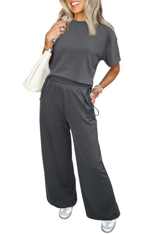 Women's Dark Grey Drawstring Side Crewneck Tee and Loose Pants Set - Casual Summer Outfit