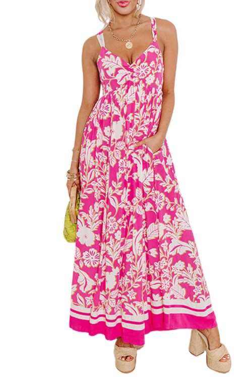 Women's Rose Floral V Neck Crisscross Backless Maxi Dress for Vacation