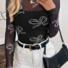 Women's Black Round Neck Long Sleeve Mesh Top with Bow Print - Image 3