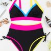 Women's Black Color Block Drawstring Side V Neck High Waist Bikini Set - Image 13