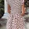 Chic Women's Brown Abstract Printed Flutter Sleeve Smocked Bodice Short Dress - Image 3