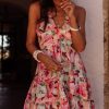 Women's Pink Floral Sleeveless Halter Neck Ruffled Mini Dress with Shirred Back - Image 6