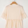 Elegant Women's Beige Solid Color Textured Ruffled Short Sleeve Blouse - Image 4