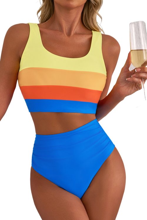 Women's Blue Colorblock Square Neck Bikini Set - Pleated High Waisted Swimwear